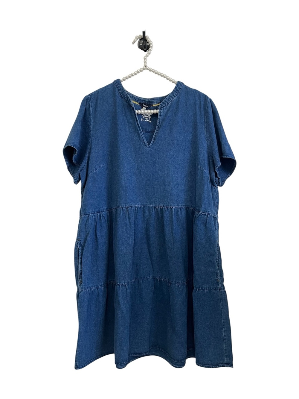Joules Cosima Blue Denim Cotton Tiered V-Neck Short Sleeve Dress Size 14
